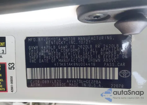 2022 Toyota Camry Xse from USA, damaged, VIN 4T1K61AK8NU004418